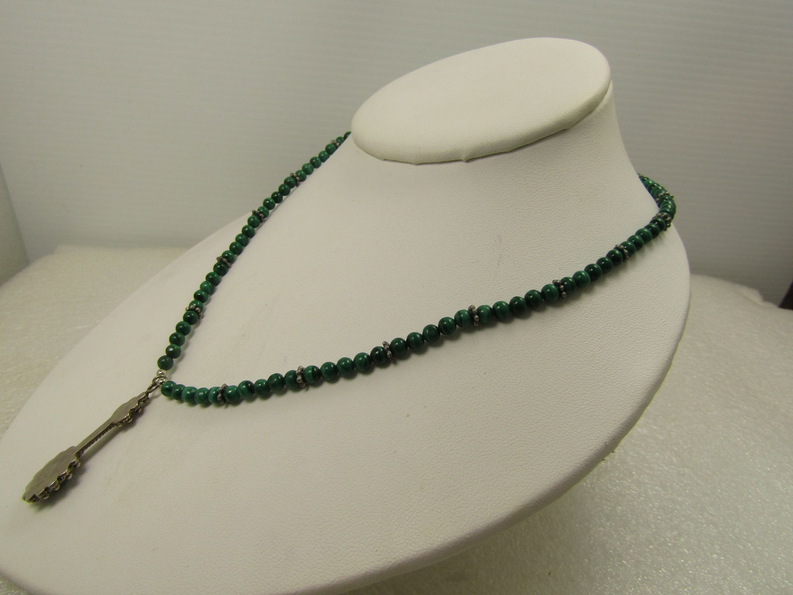 Vintage Sterling Malachite Beaded Necklace/Pendant, 17", Toggle Clasp, 1980's-1990's, Southwestern - 5