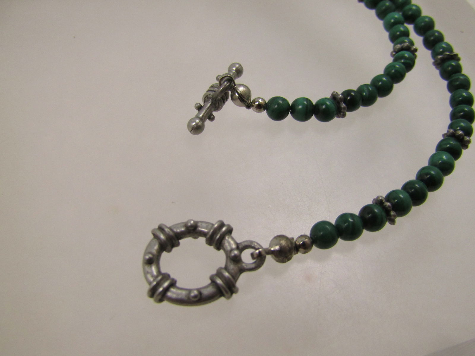 Vintage Sterling Malachite Beaded Necklace/Pendant, 17", Toggle Clasp, 1980's-1990's, Southwestern - 7