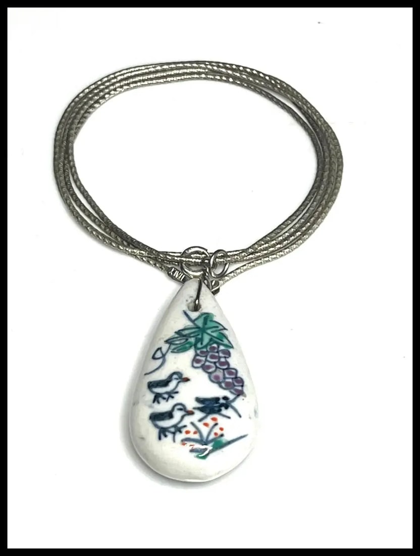 Vintage Hand Painted Porcelain Pendant on Sterling Silver Chain - 2