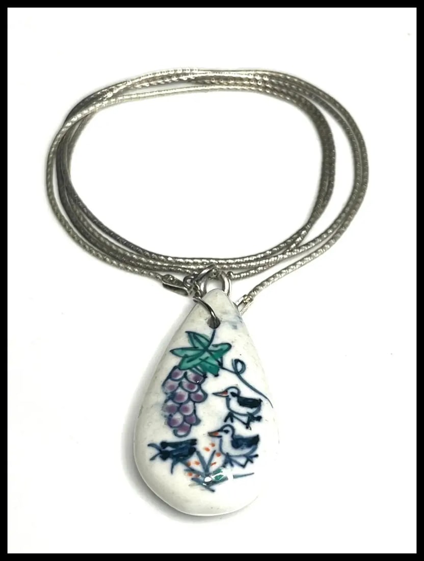 Vintage Hand Painted Porcelain Pendant on Sterling Silver Chain - 3