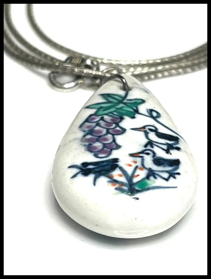 Vintage Hand Painted Porcelain Pendant on Sterling Silver Chain - 4