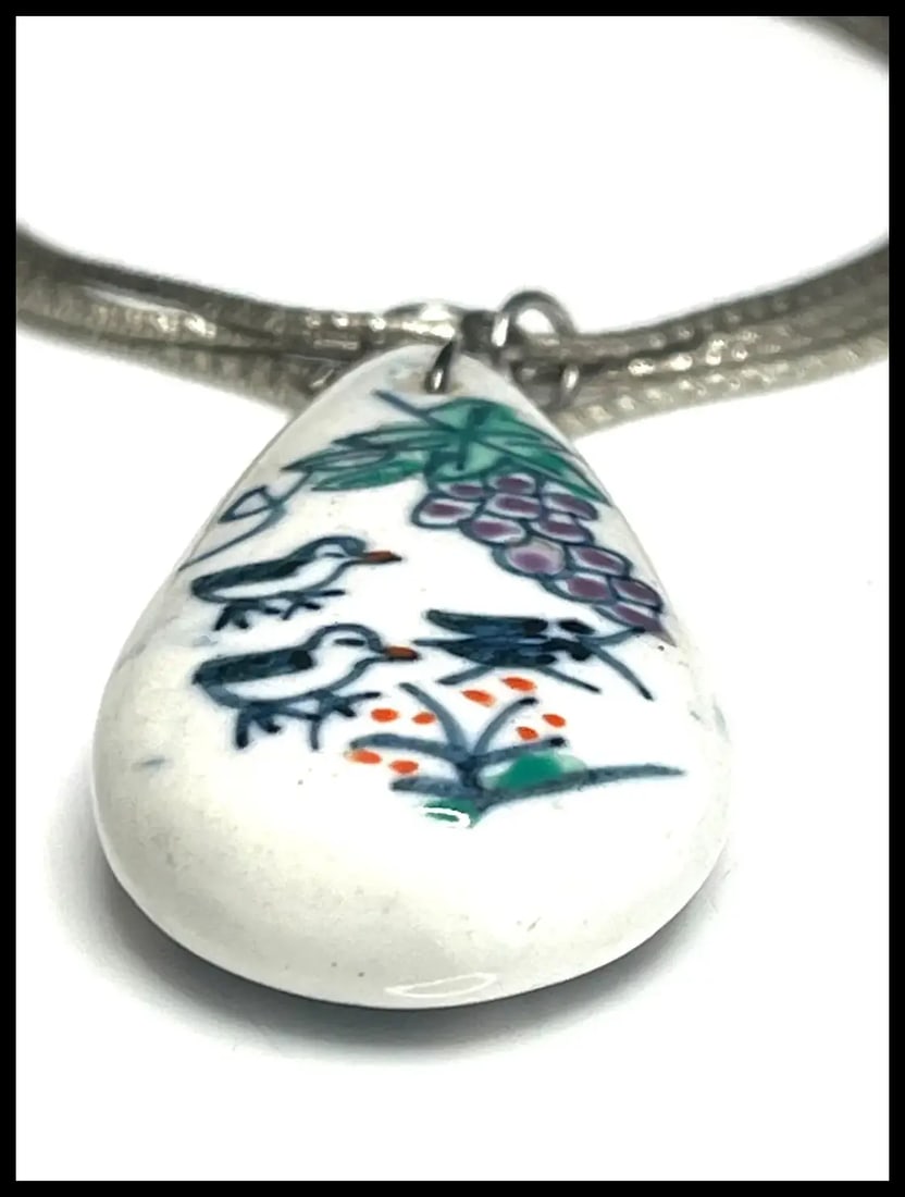 Vintage Hand Painted Porcelain Pendant on Sterling Silver Chain - 5