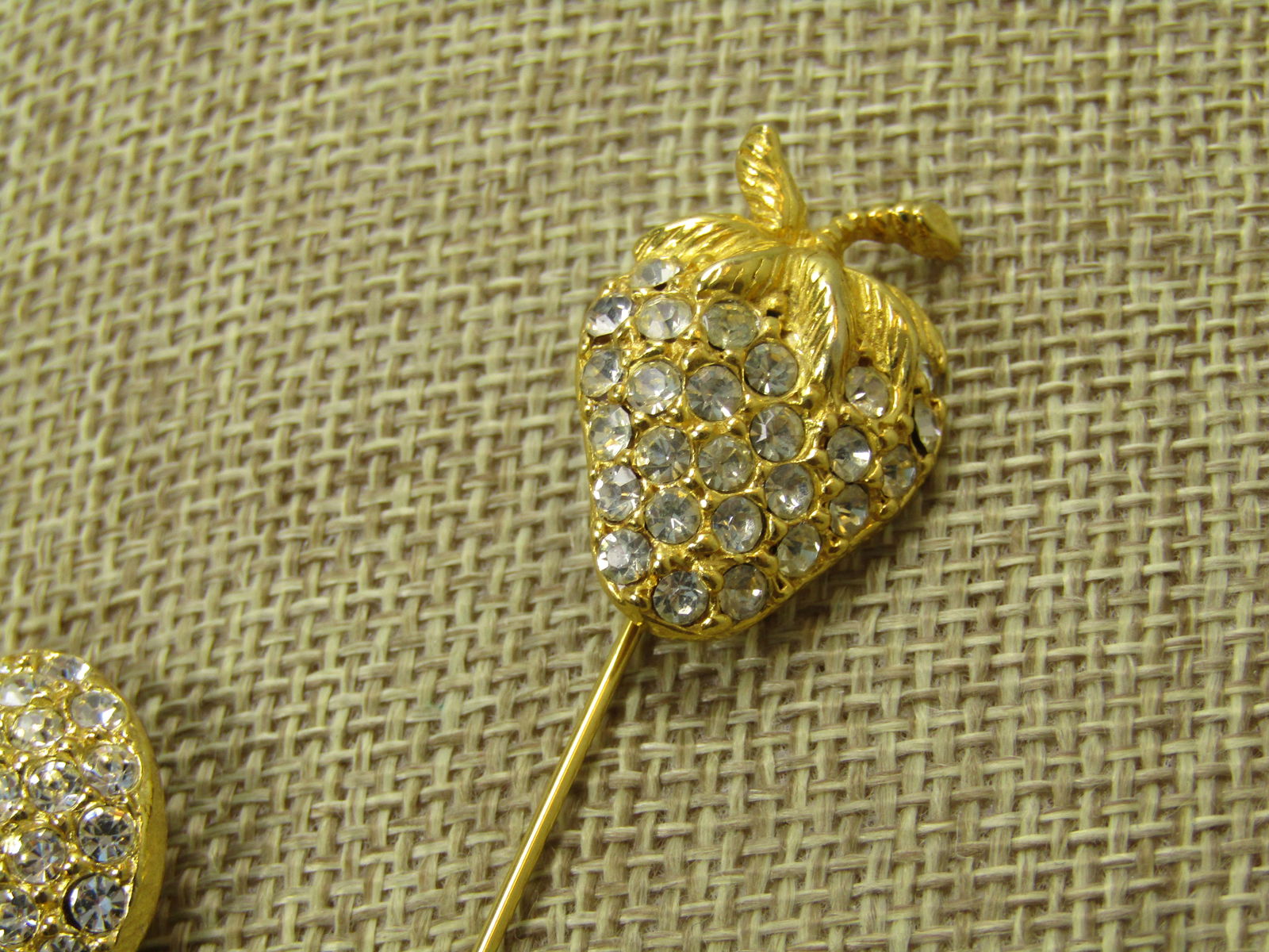 Vintage Rhinestone Strawberry & Apple Stick Pins, 2 Pcs. 1980's - 2