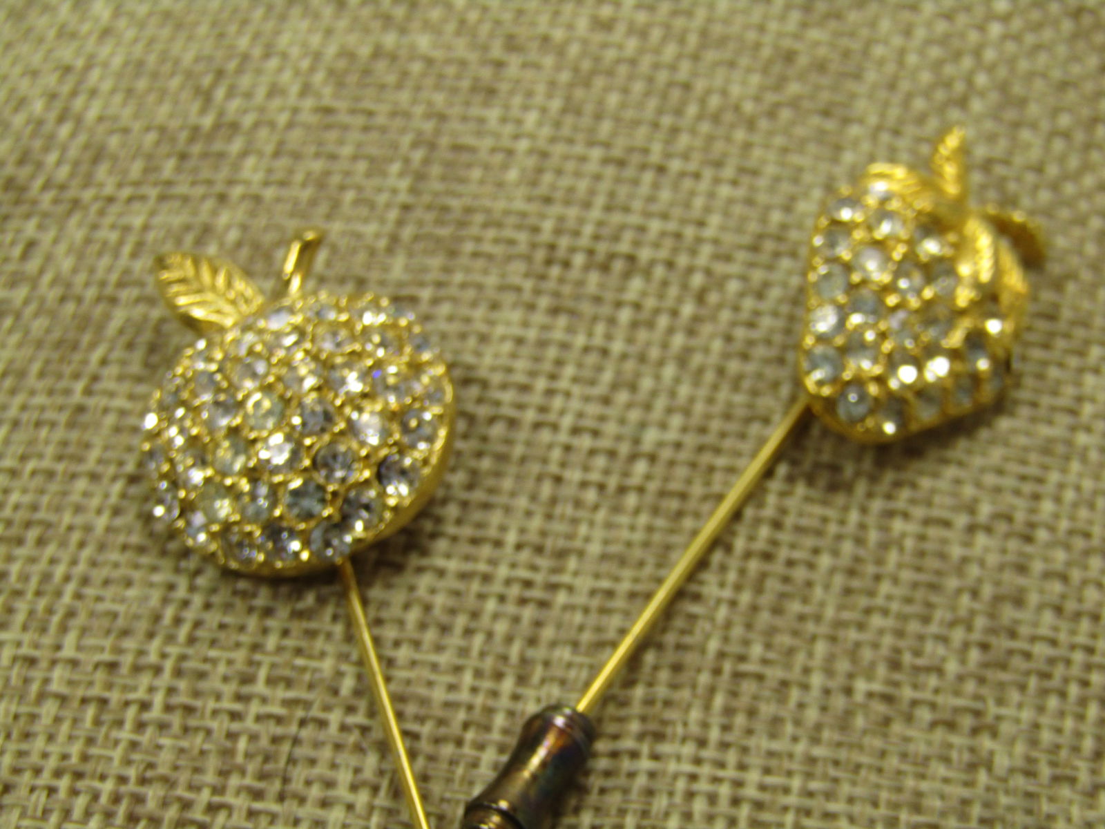 Vintage Rhinestone Strawberry & Apple Stick Pins, 2 Pcs. 1980's - 3
