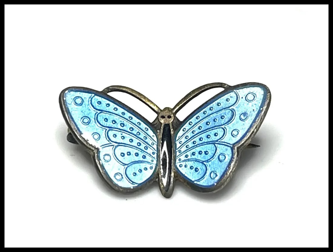 Vintage Sterling SIlver Enamel Blue Butterfly Brooch Signed Norway - 2