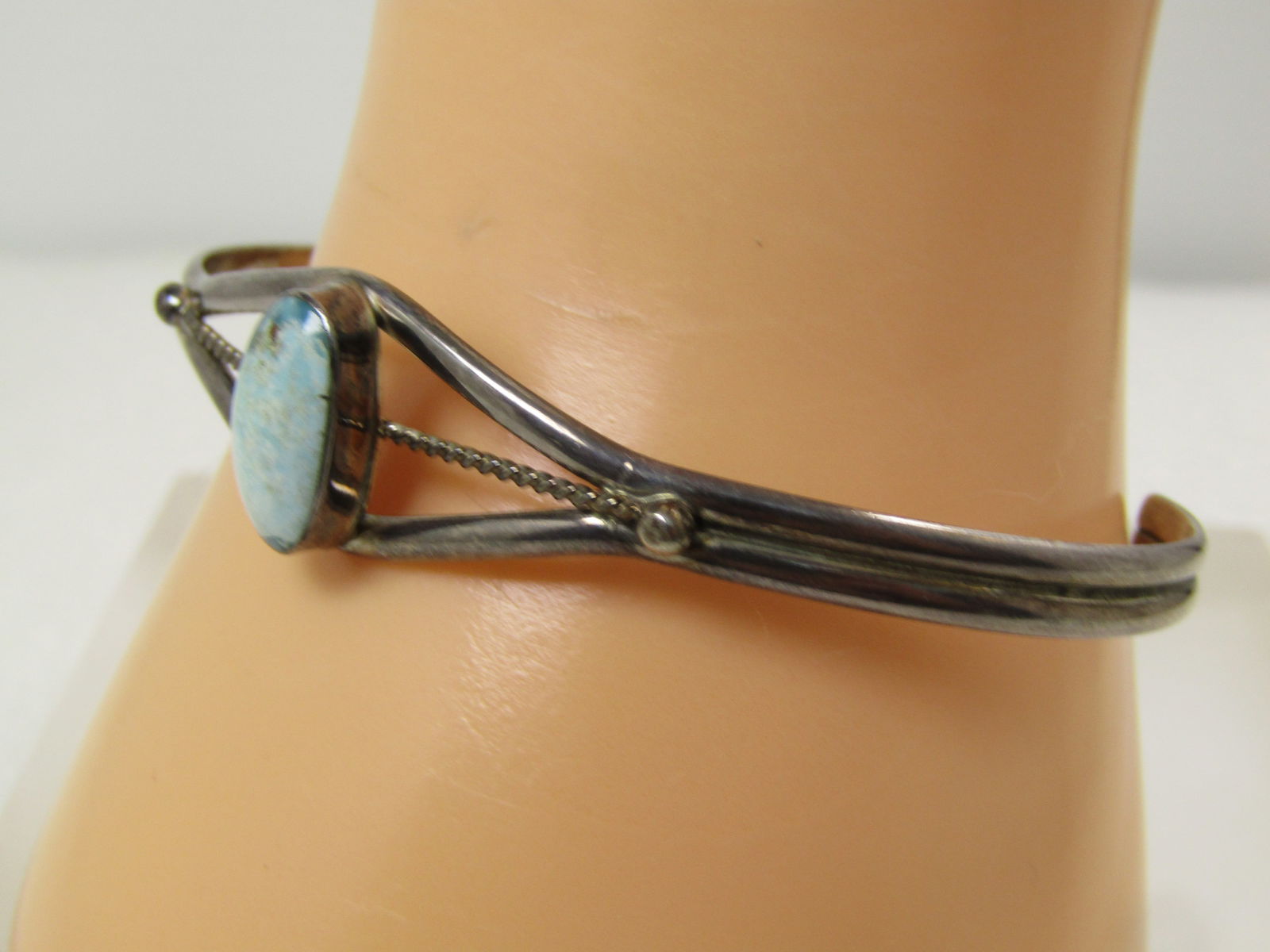 Vintage Sterling Tuquoise Cuff Bracelet, Possibly Amazonite, 7.5", 1960's-1970's - 2
