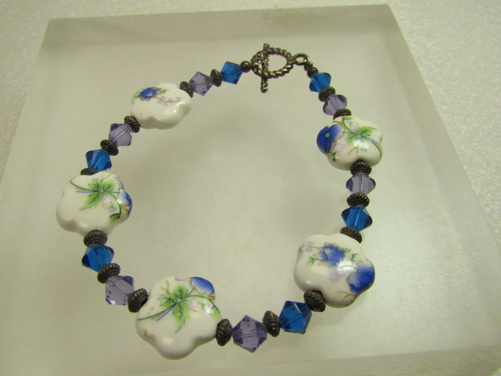 Vintage Blue/White Floral Necklace/Earrings/Bracelet Set, 1980's - 5