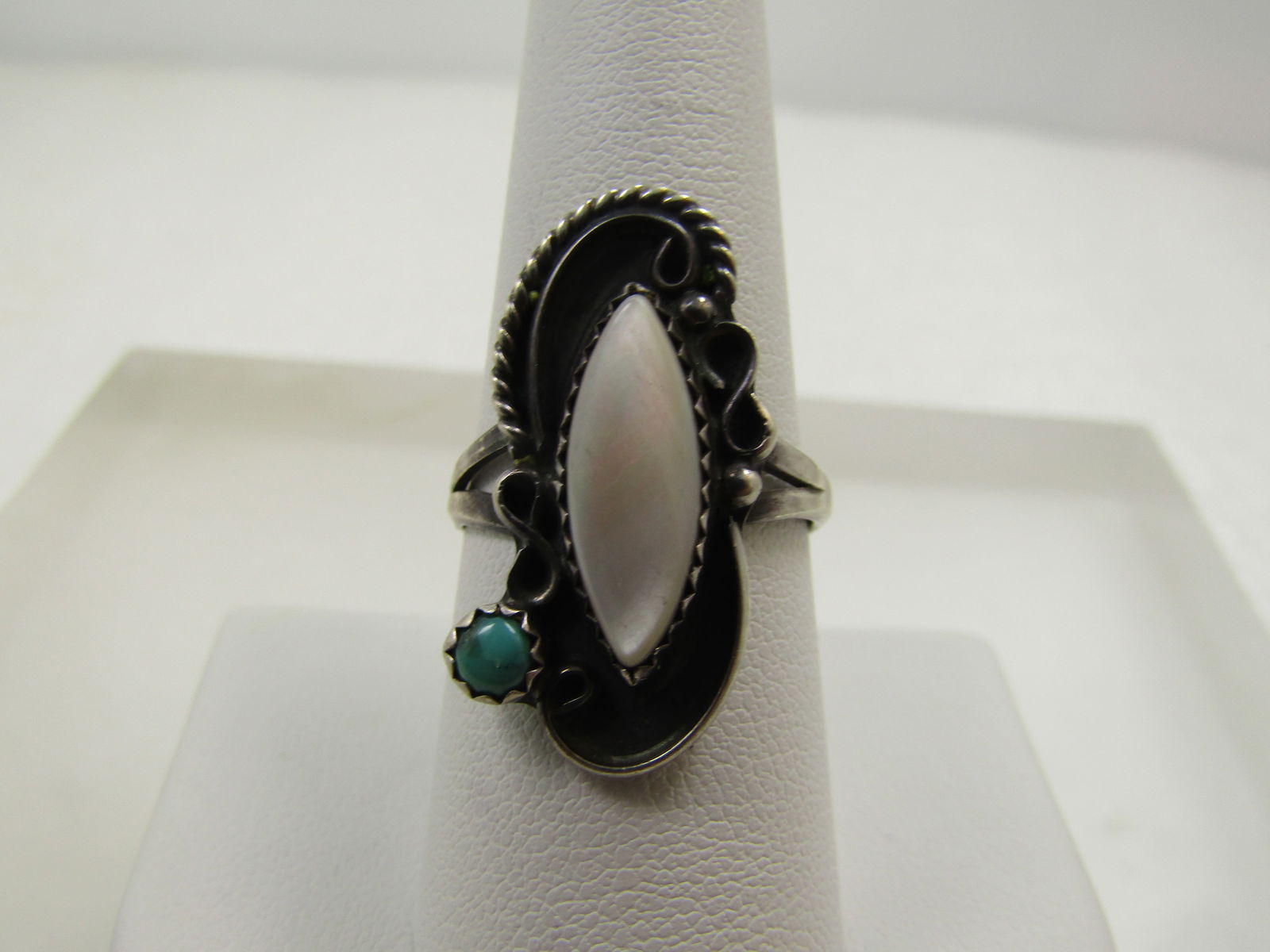 Vintage Sterling Southwestern Turquoise Mother-of-Pearl Ring, Sz. 8.5, 1970's-1980's: Vintage Sterling Southwestern Turquoise Mother-of-Pearl Ring, Sz. 8.5, 1970's-1980. Shadowbox with a recessed background with scrolls and beaded accents around the raised edge and set in the middle