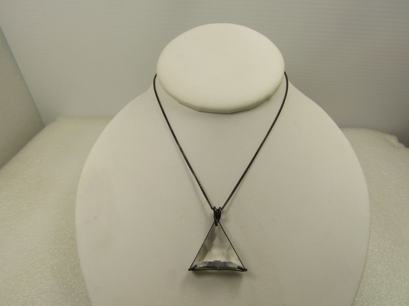 Vintage Sterling Quartz Triangular Pendant Necklace, 18", Signed TJF. Mid-Century: Vintage Sterling Quartz Triangular Pendant Necklace, 18", Signed TJF. This tests as quartz on the Presidium tester - it is clear with a triangular table and beveled edges. It is set in a sterling fram