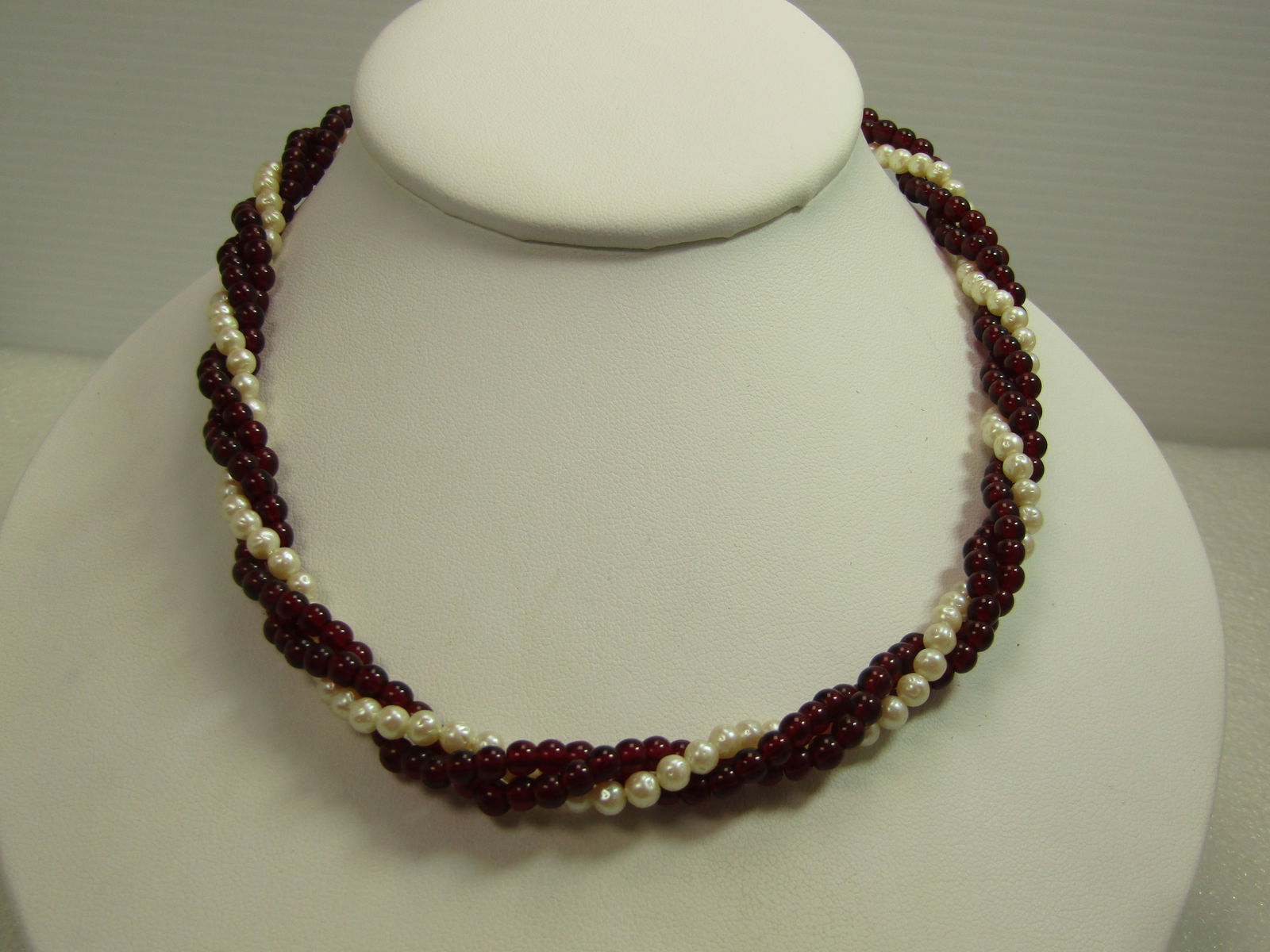 Vintage Faux Pearl & Garnet Colored Beaded Necklce, Twisted, 17", Three Strand, 1960's-1970's (1 of 6)