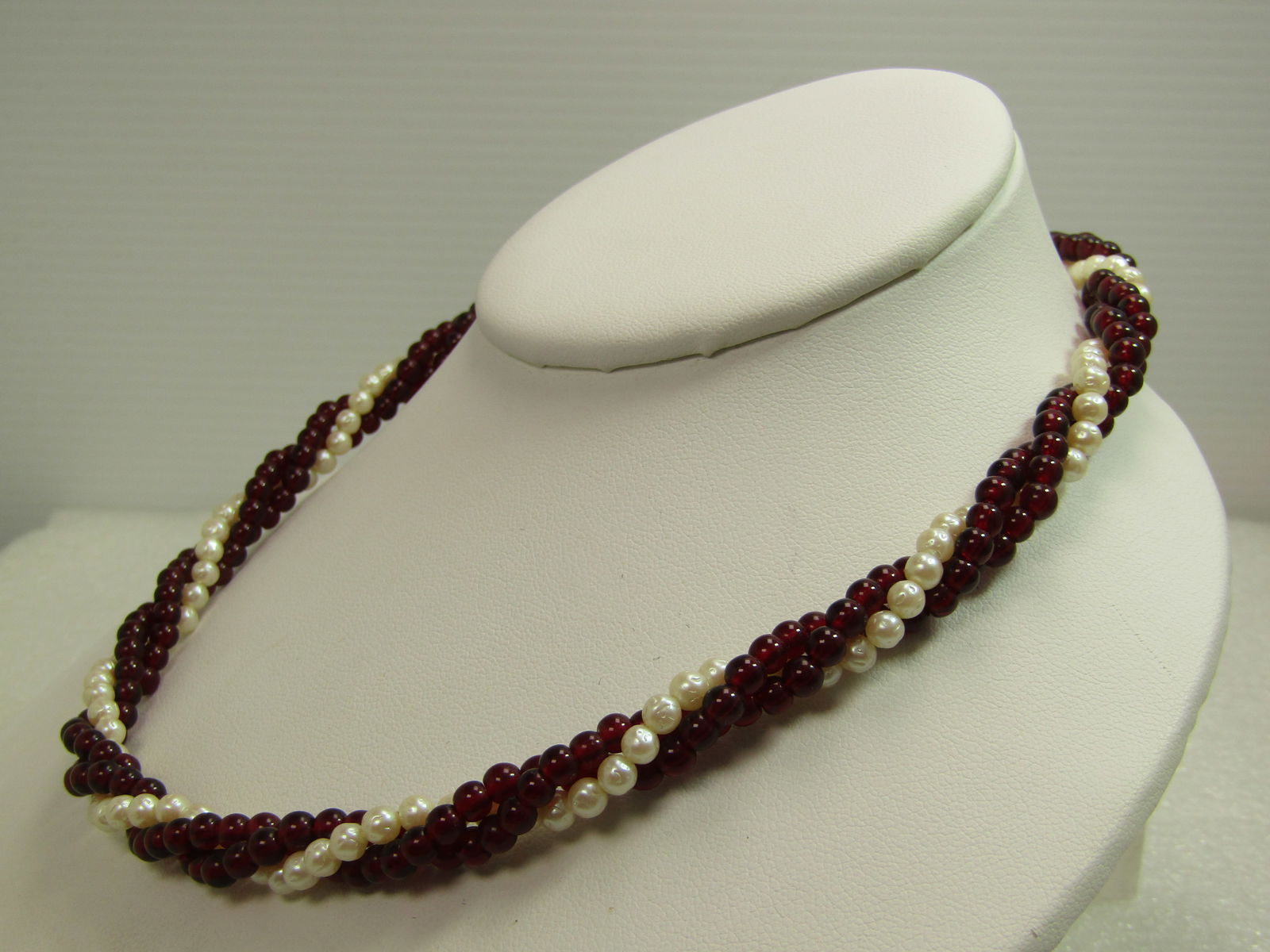 Vintage Faux Pearl & Garnet Colored Beaded Necklce, Twisted, 17", Three Strand, 1960's-1970's - 2