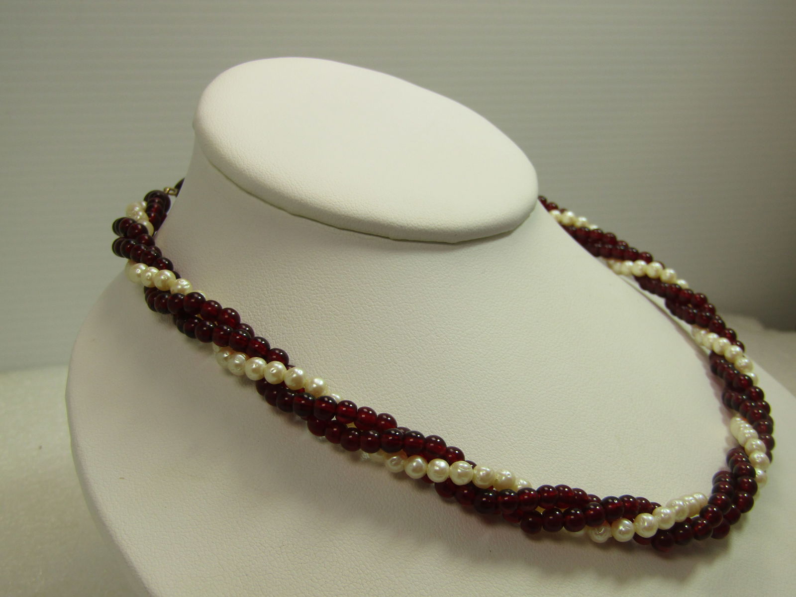 Vintage Faux Pearl & Garnet Colored Beaded Necklce, Twisted, 17", Three Strand, 1960's-1970's - 3