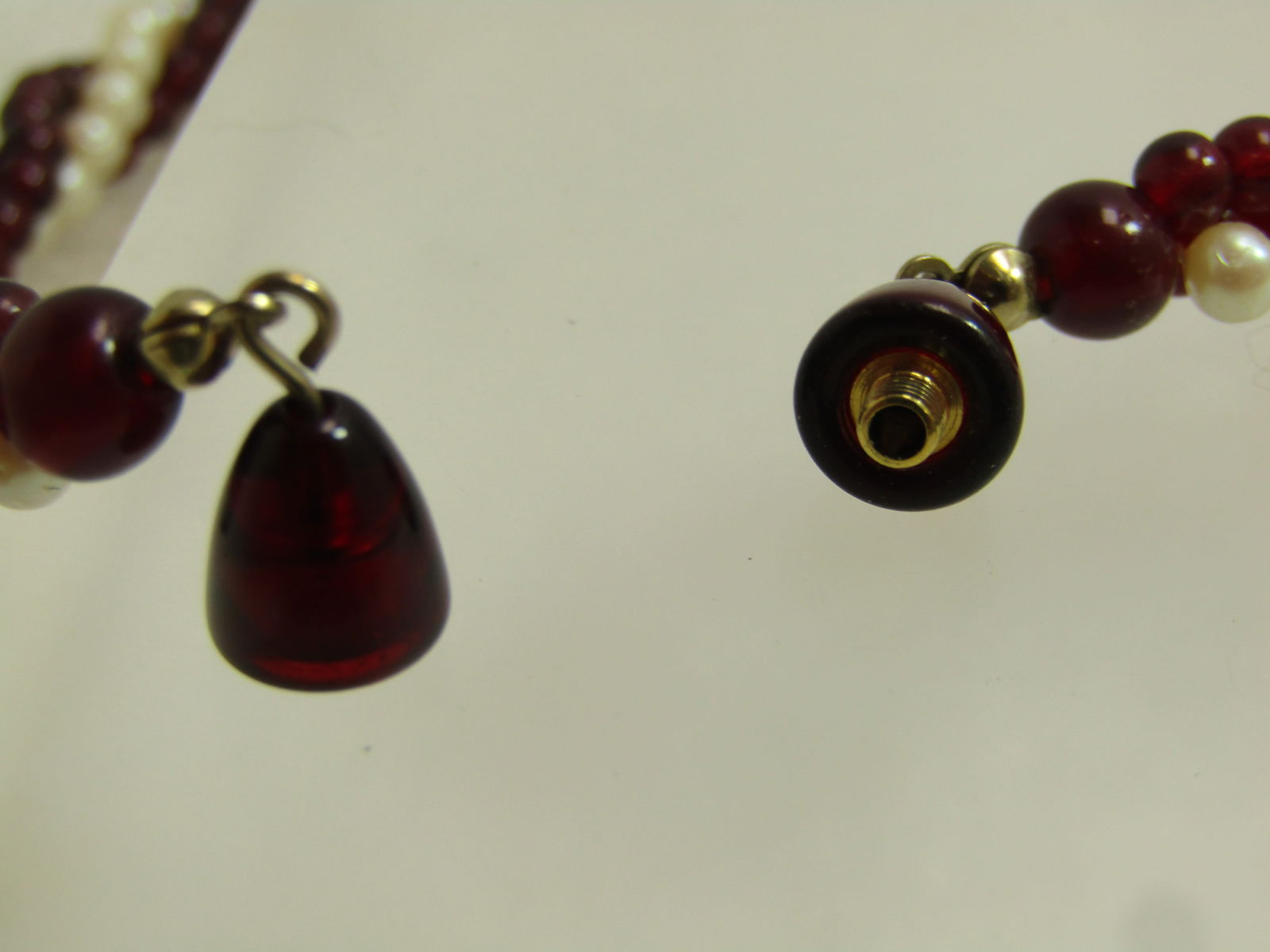 Vintage Faux Pearl & Garnet Colored Beaded Necklce, Twisted, 17", Three Strand, 1960's-1970's - 5