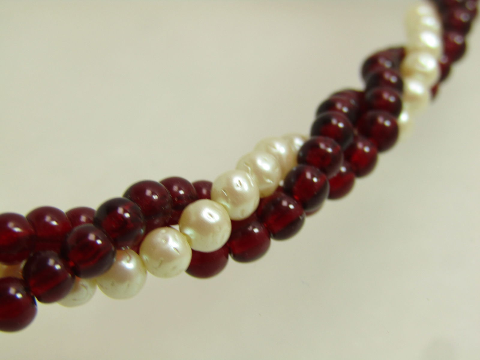Vintage Faux Pearl & Garnet Colored Beaded Necklce, Twisted, 17", Three Strand, 1960's-1970's - 6