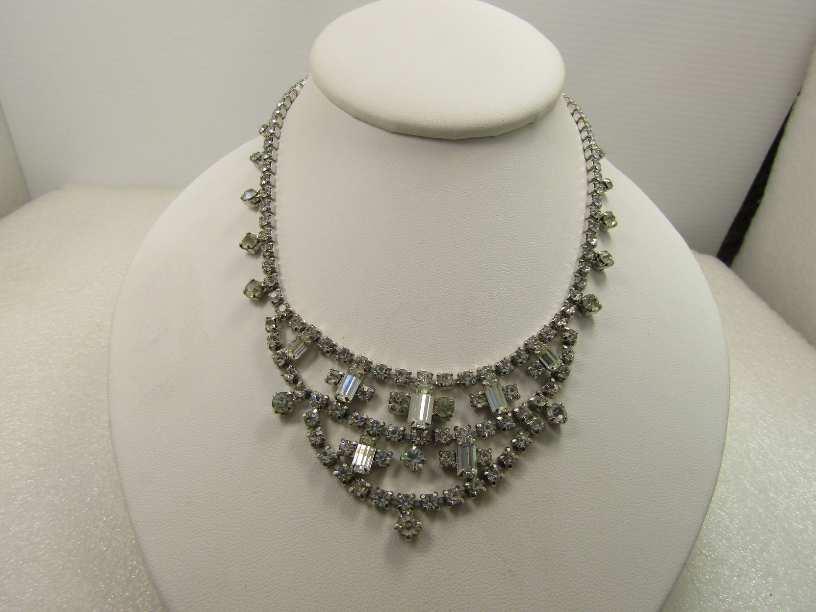 Vintage Clear Rhinestone Drop Bib Necklace, 15.5", Baguettes/Round, 1960's (1 of 5)