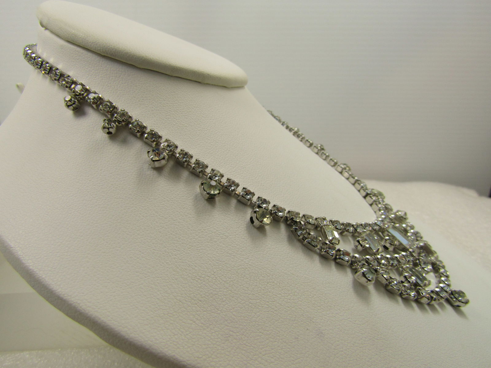 Vintage Clear Rhinestone Drop Bib Necklace, 15.5", Baguettes/Round, 1960's - 3