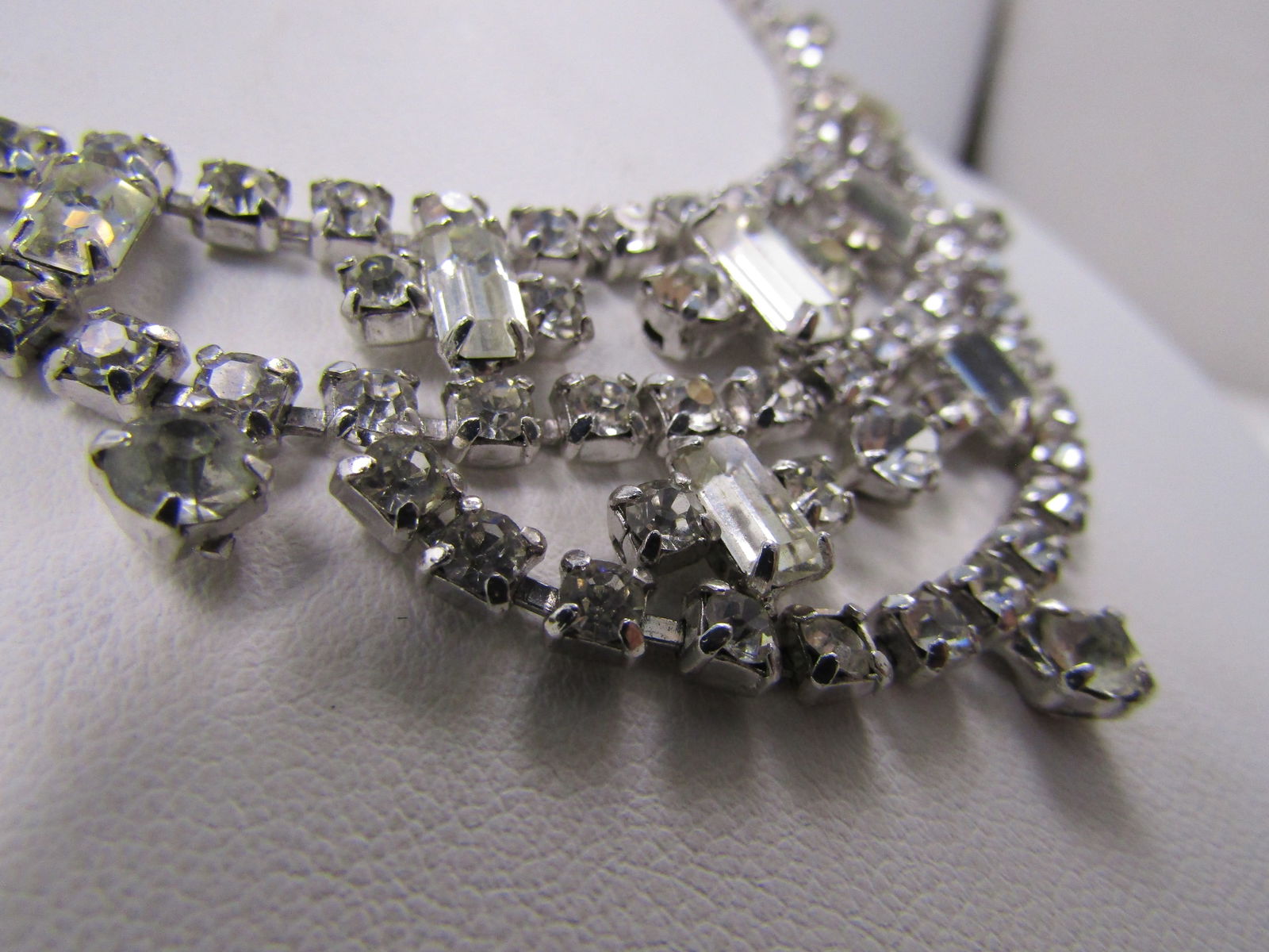 Vintage Clear Rhinestone Drop Bib Necklace, 15.5", Baguettes/Round, 1960's - 4