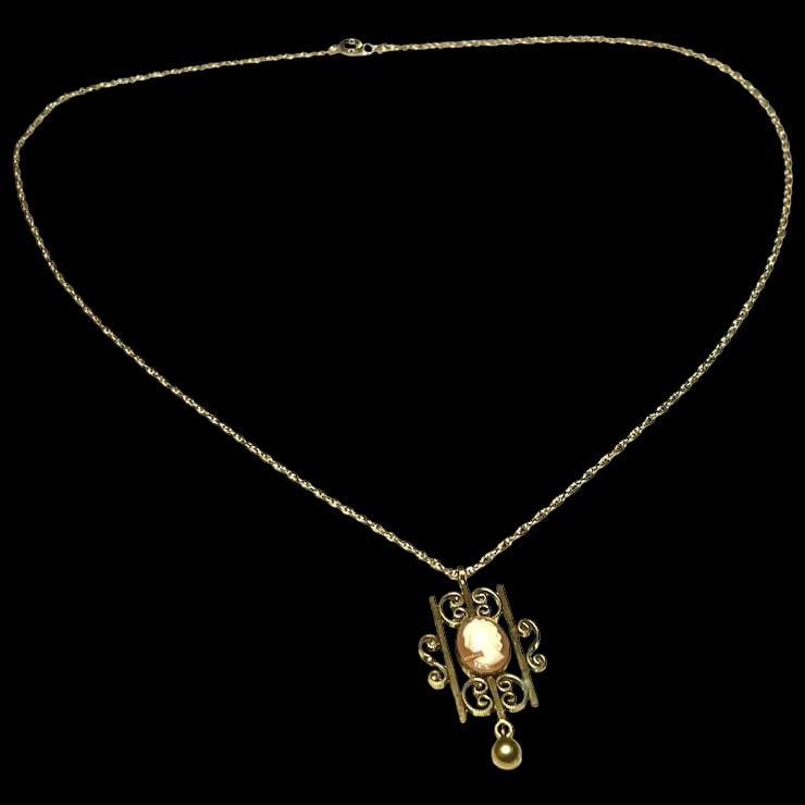 Vintage Gold Filled Cameo Filigree Pendant on Chain (1 of 5)