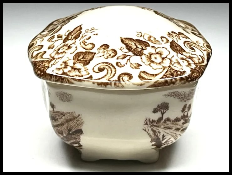 Vintage Trinket Box Stagecoach Horses Brown Transferware Made in England - 4