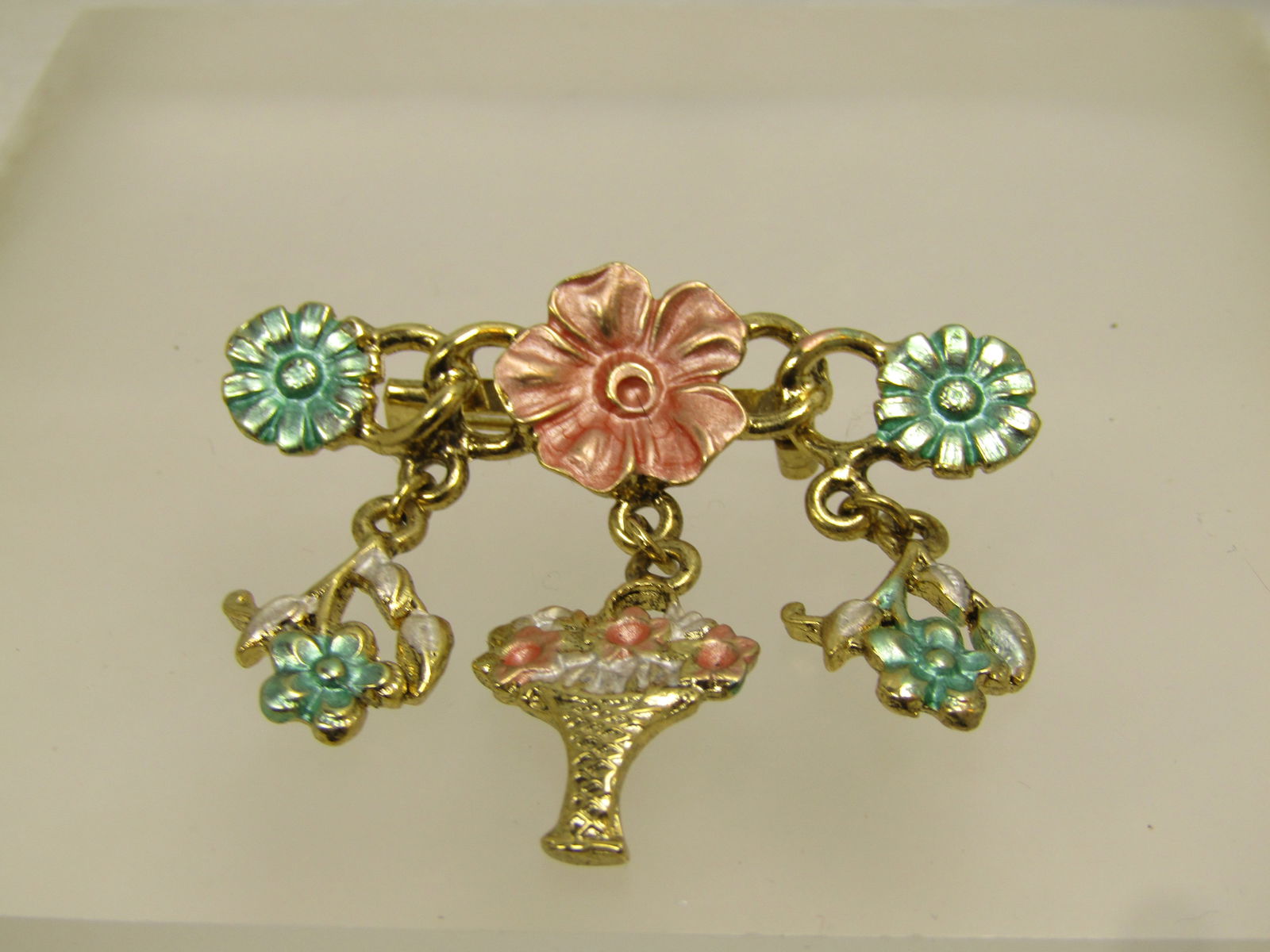 Vintage Gold Tone Floral Bar Brooch & Sangles, 1980's, Enameled (1 of 4)