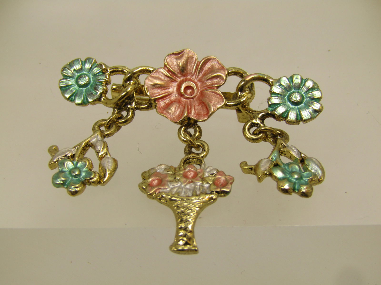 Vintage Gold Tone Floral Bar Brooch & Sangles, 1980's, Enameled - 2