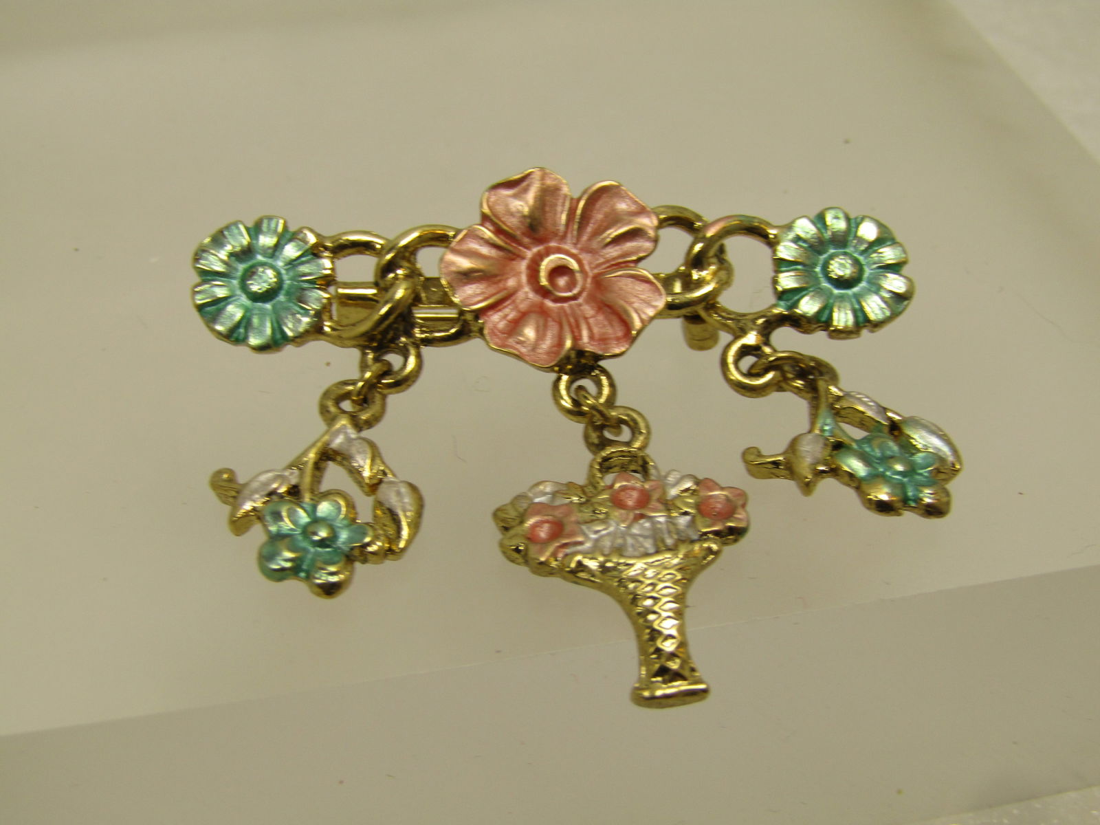 Vintage Gold Tone Floral Bar Brooch & Sangles, 1980's, Enameled - 3