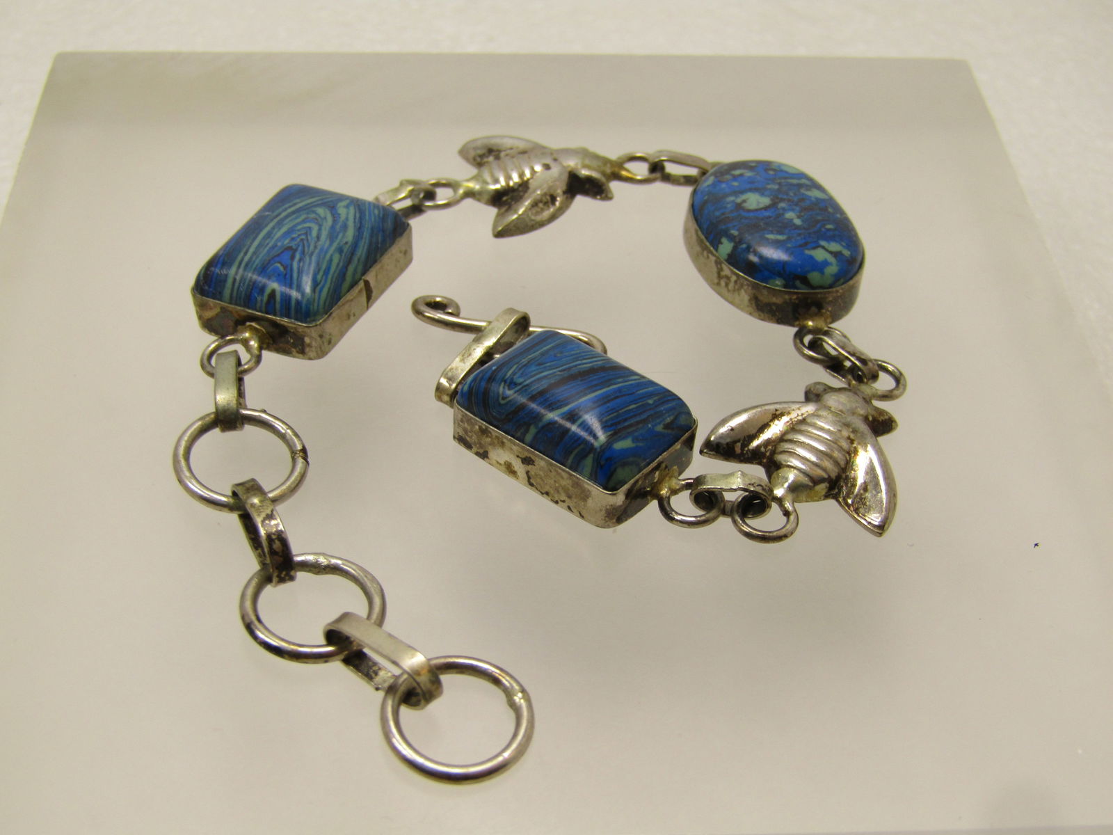 Vintage Black/Gray Agate Chunky Bracelet, Toggle Clasp, 1990's - 4