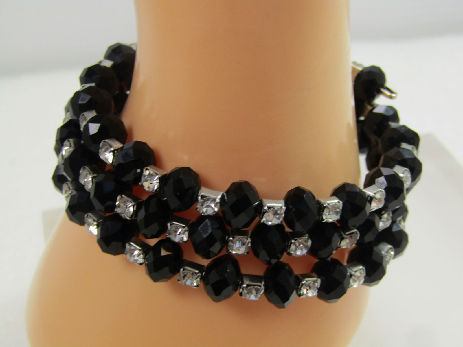 Black Glass & Rhinestone Coiled Bracelet, 1980's-1990's - 2