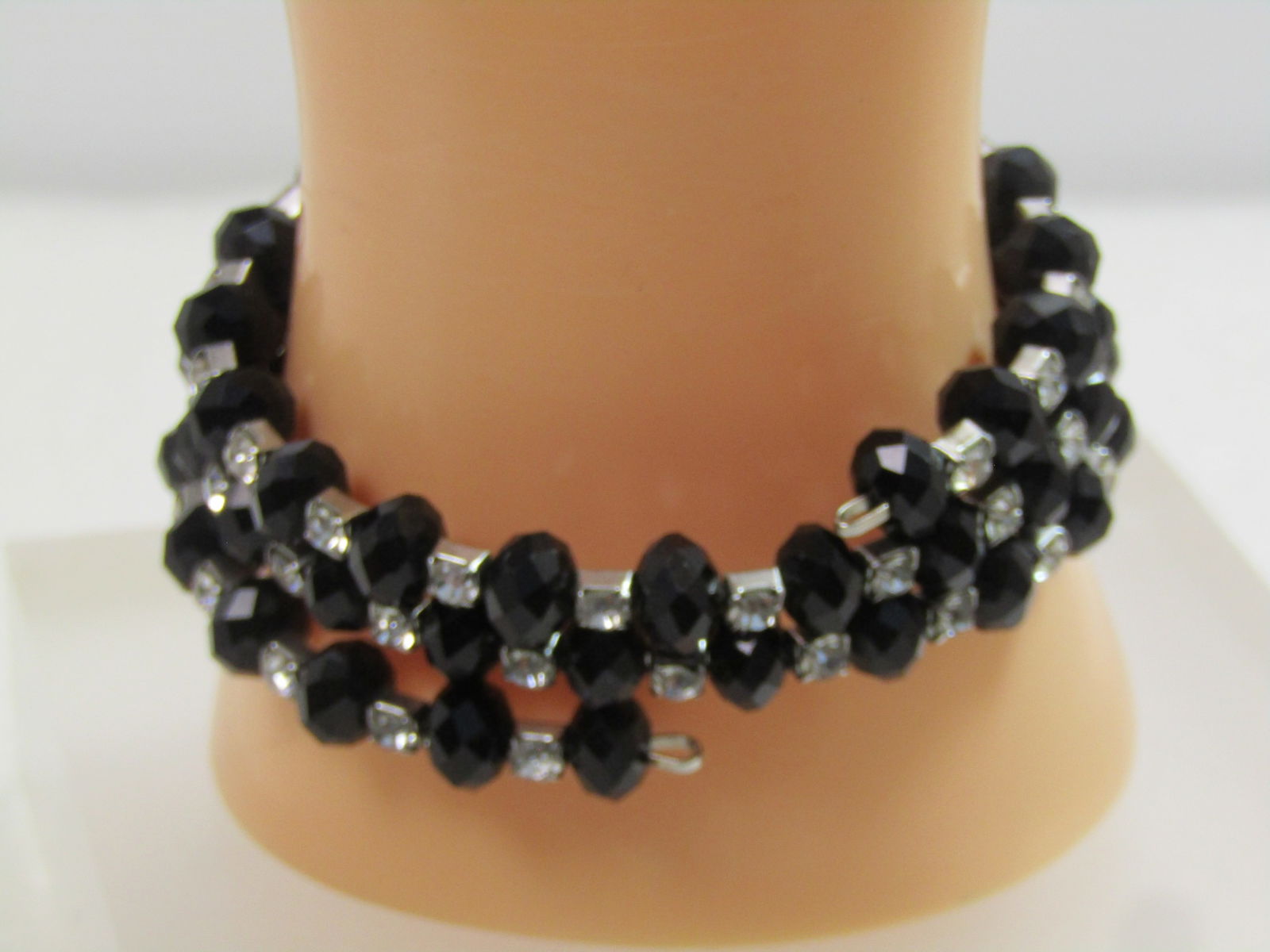 Black Glass & Rhinestone Coiled Bracelet, 1980's-1990's - 3