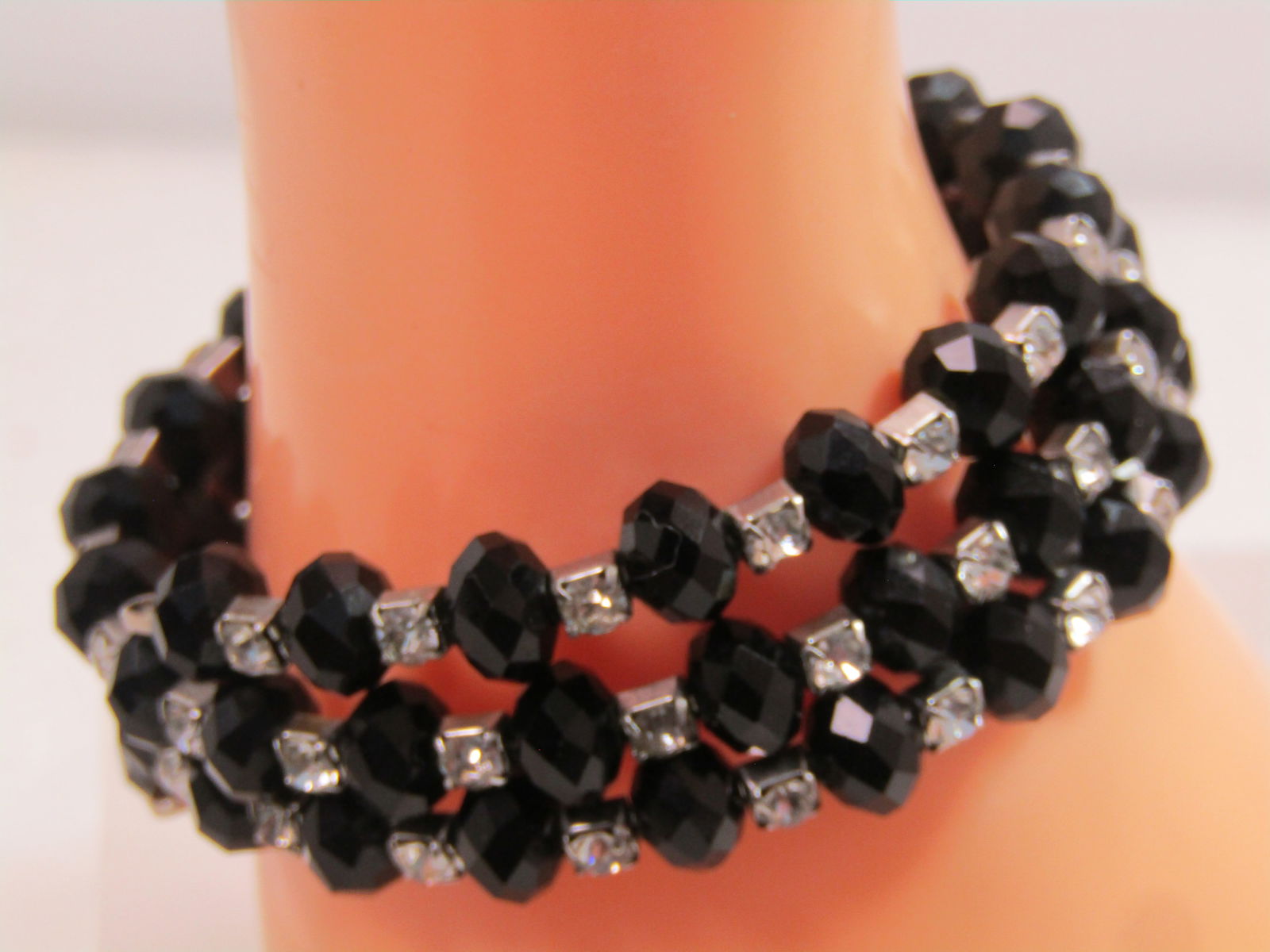 Black Glass & Rhinestone Coiled Bracelet, 1980's-1990's - 4