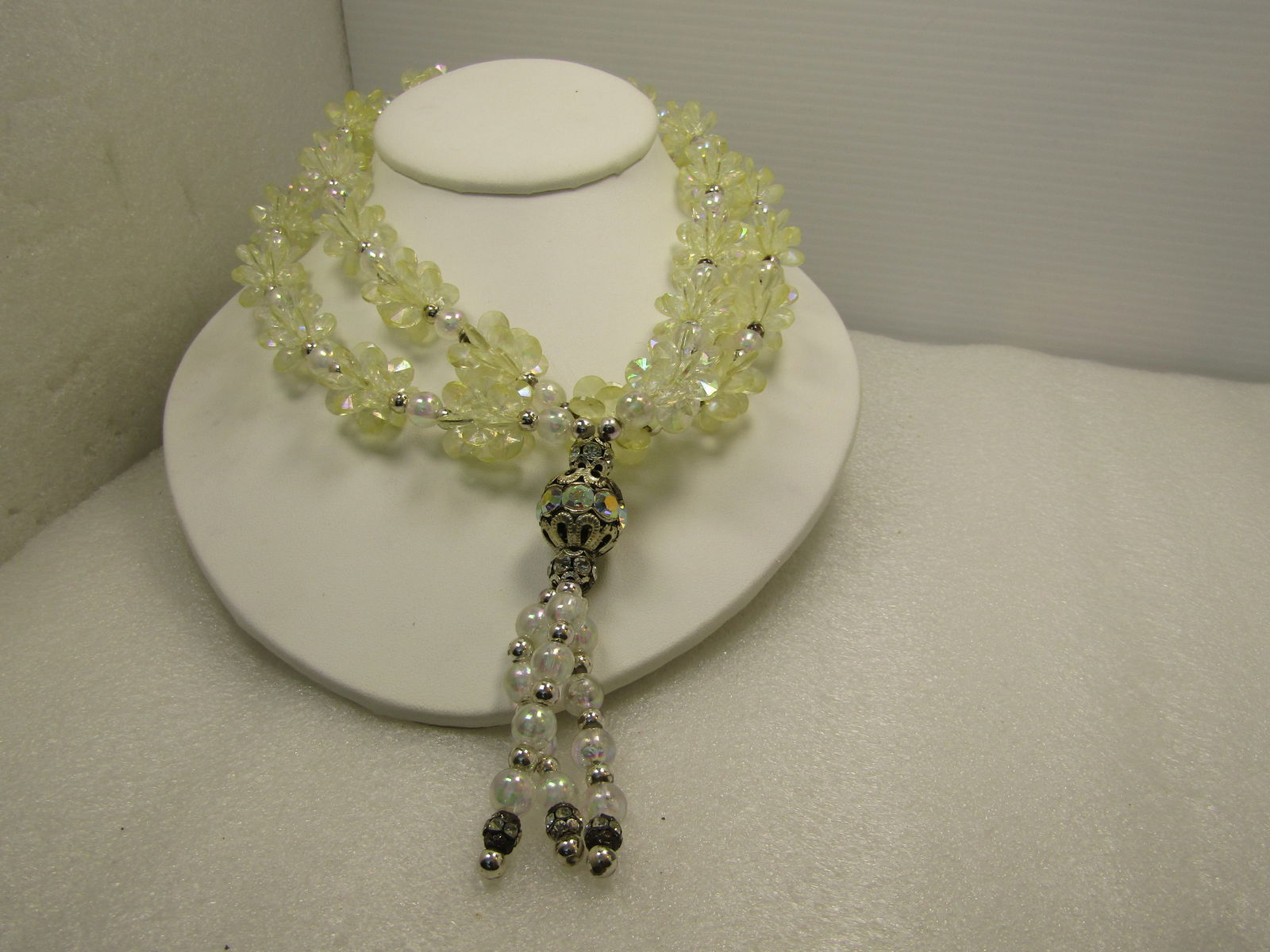 Vintage Clear Cluster Beaded Tassel Necklace, 32", Aurora Borealis, 1970's (1 of 5)