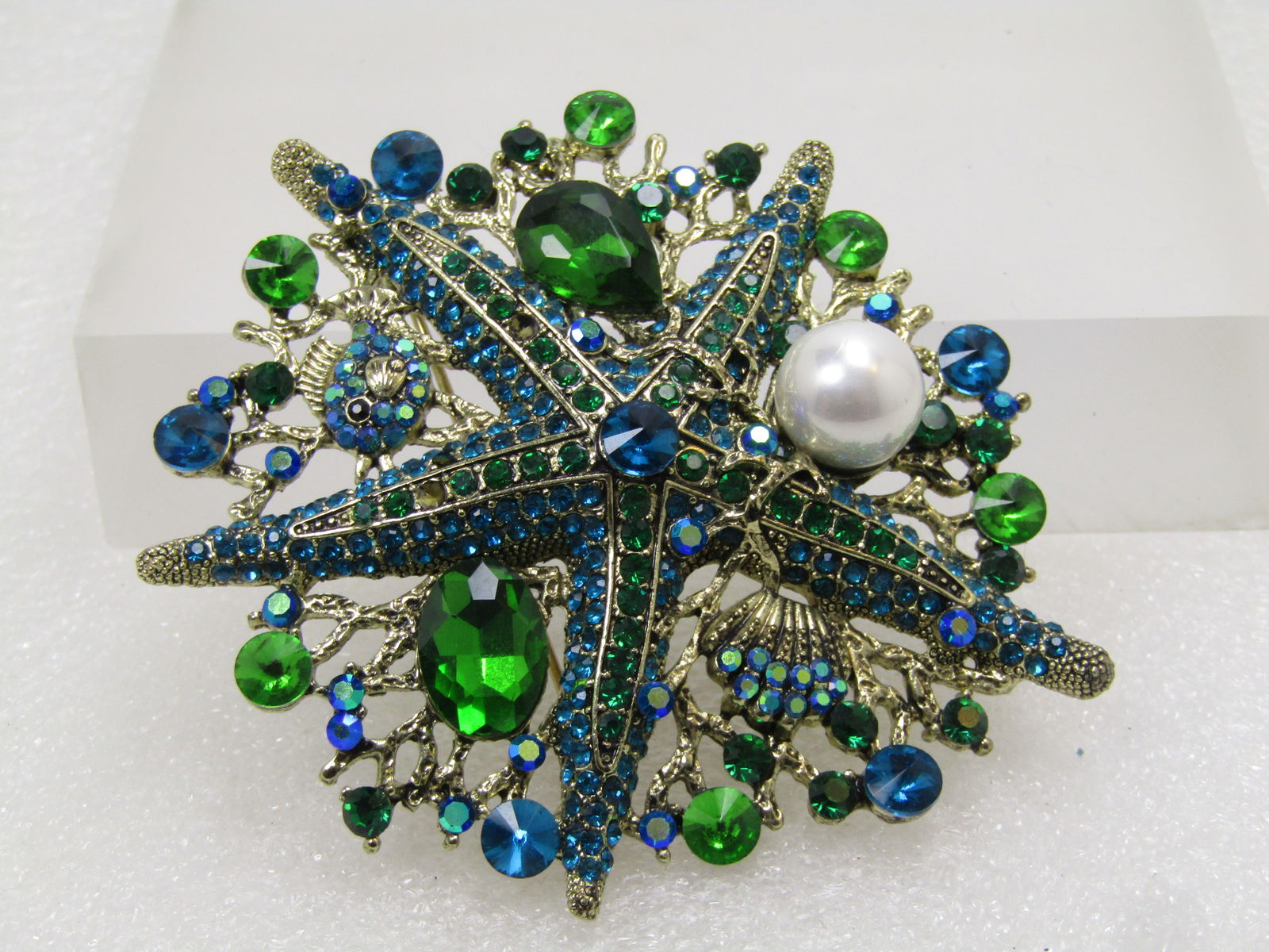 Vintage Large Rhinestone Starfish Brooch Pendant, Faux Pearl, 1990's (1 of 6)