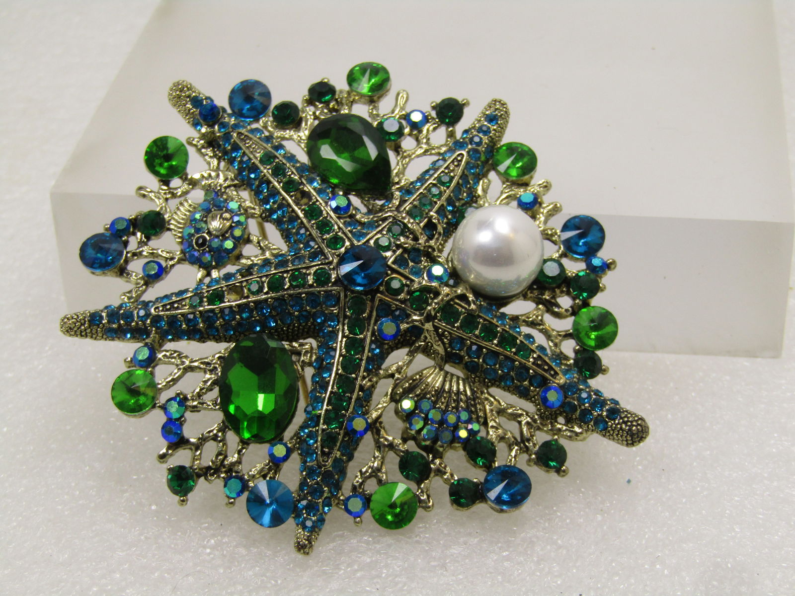 Vintage Large Rhinestone Starfish Brooch Pendant, Faux Pearl, 1990's - 2