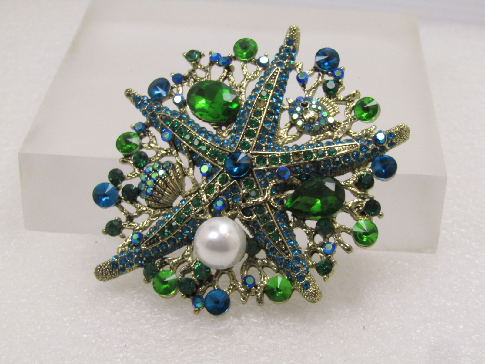 Vintage Large Rhinestone Starfish Brooch Pendant, Faux Pearl, 1990's - 3