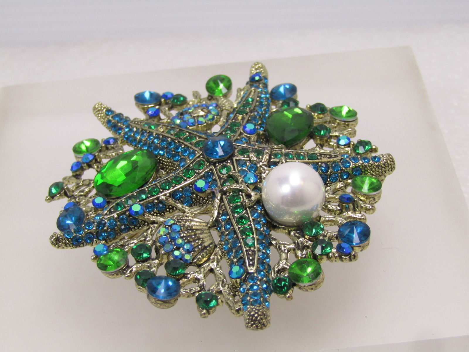 Vintage Large Rhinestone Starfish Brooch Pendant, Faux Pearl, 1990's - 6