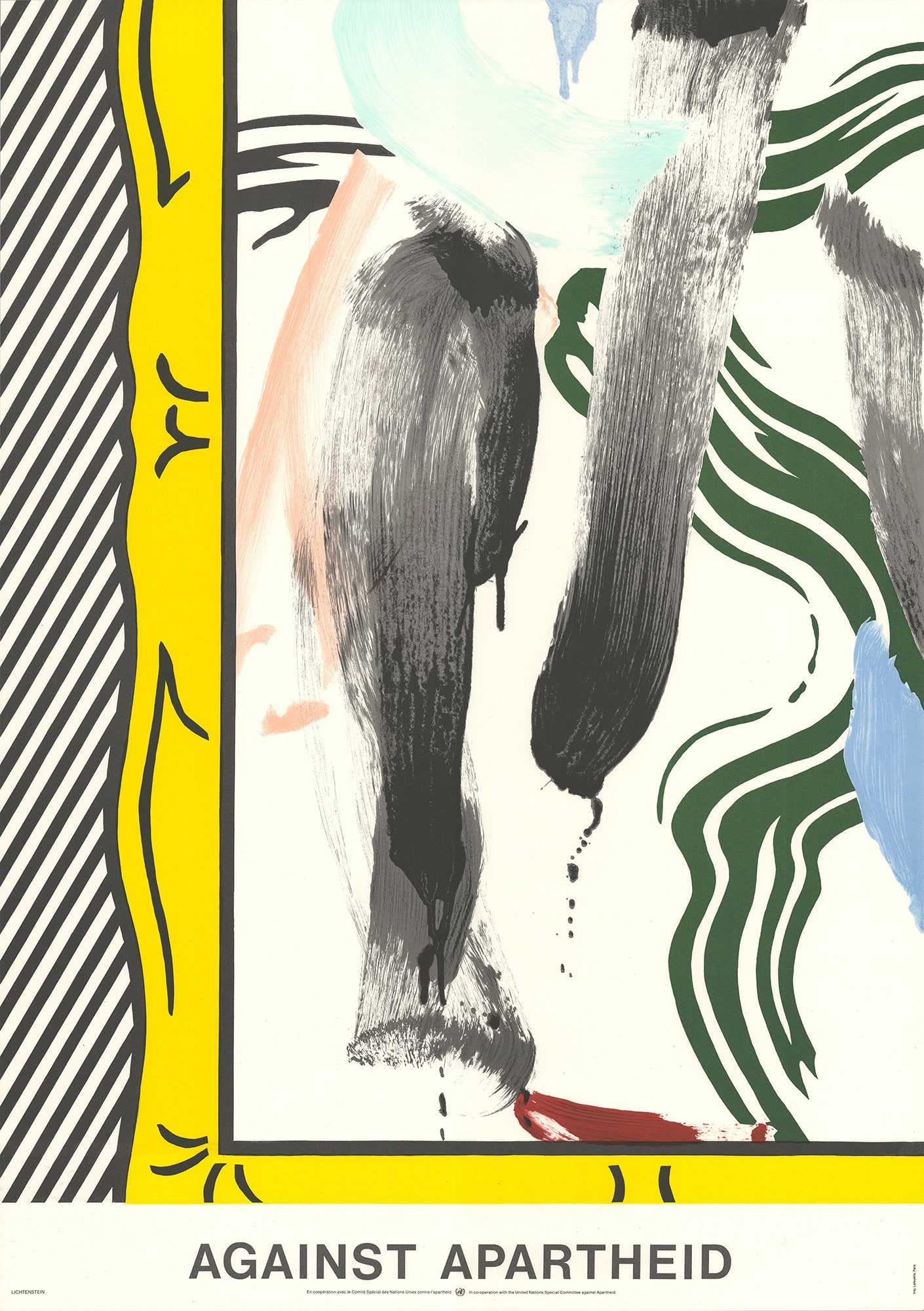 Roy Lichtenstein - Against Apartheid - 1983 Lithograph 33.5" x 23.5": Title: Roy Lichtenstein - Against Apartheid - 1983 Lithograph 33.5" x 23.5" Artist: Roy Lichtenstein Description: "Against Apartheid" by Roy Lichtenstein, 1983 Unsigned Lithograph. Paper size is 33.5