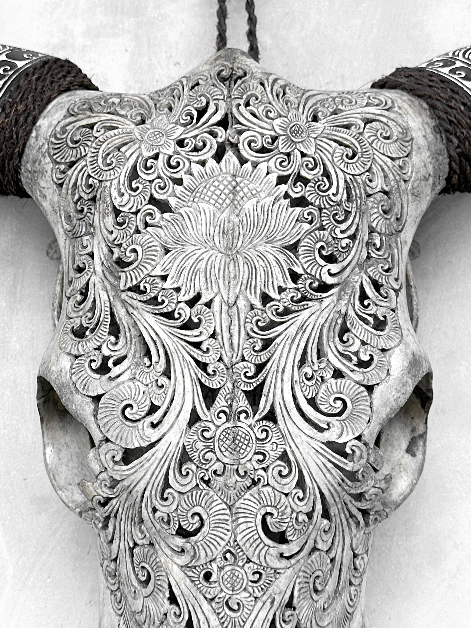 Carved cow skull with carved horns - Lotus motif - 4