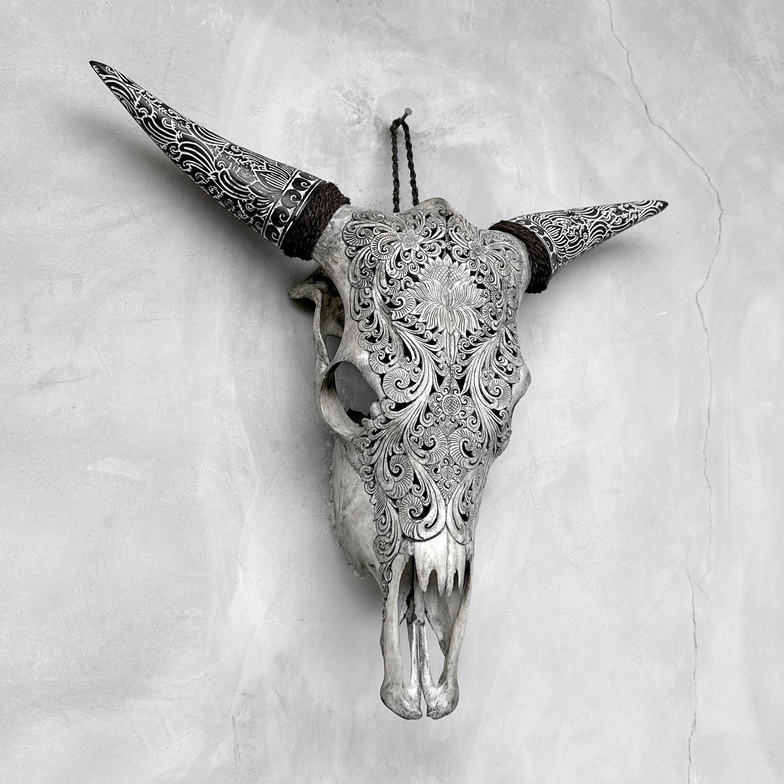 Carved cow skull with carved horns - Lotus motif - 6