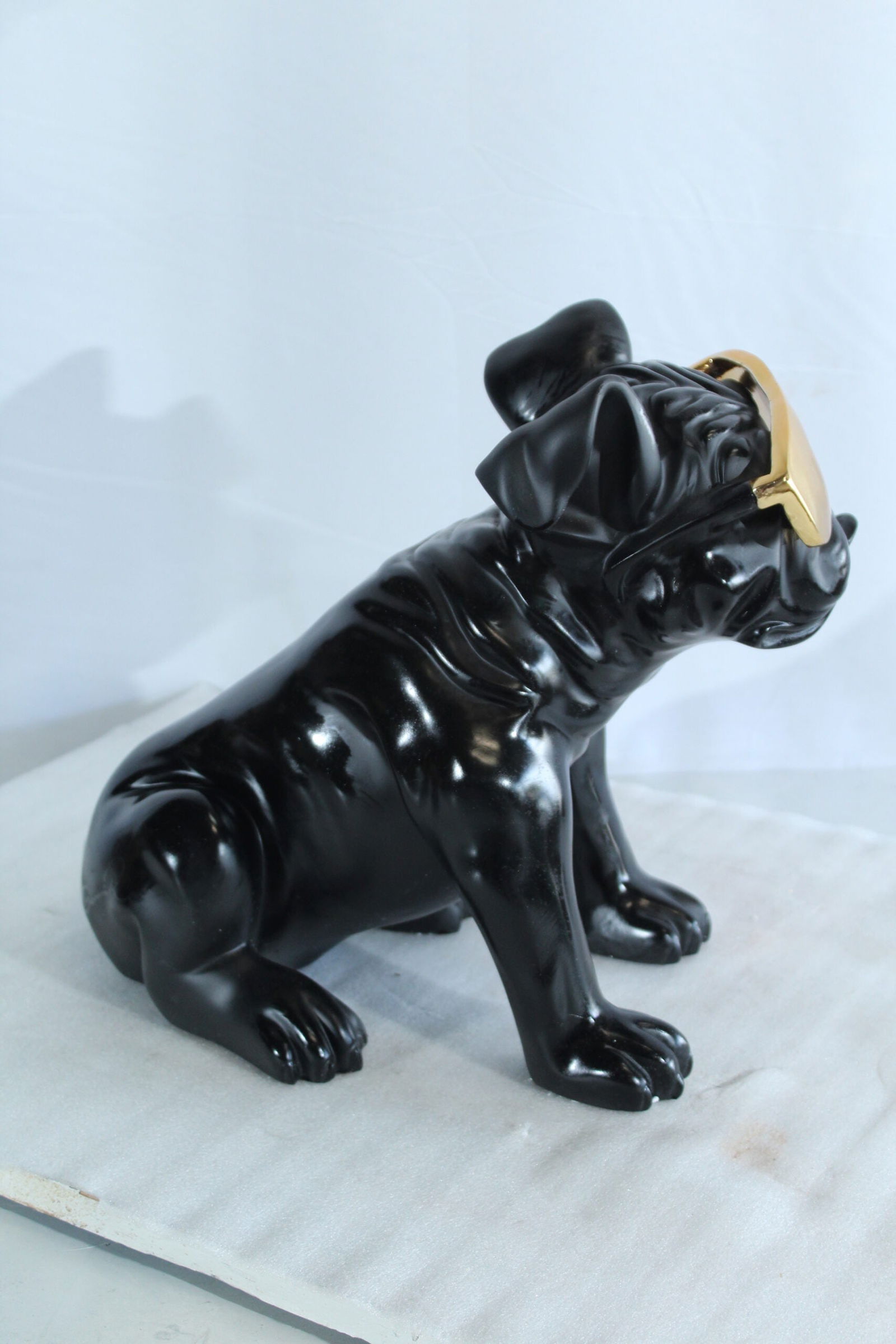 Black Resin Bulldog Statue with Gold Sunglasses - Glossy Modern Dog Figurine, Durable Resin Pop Art - 10