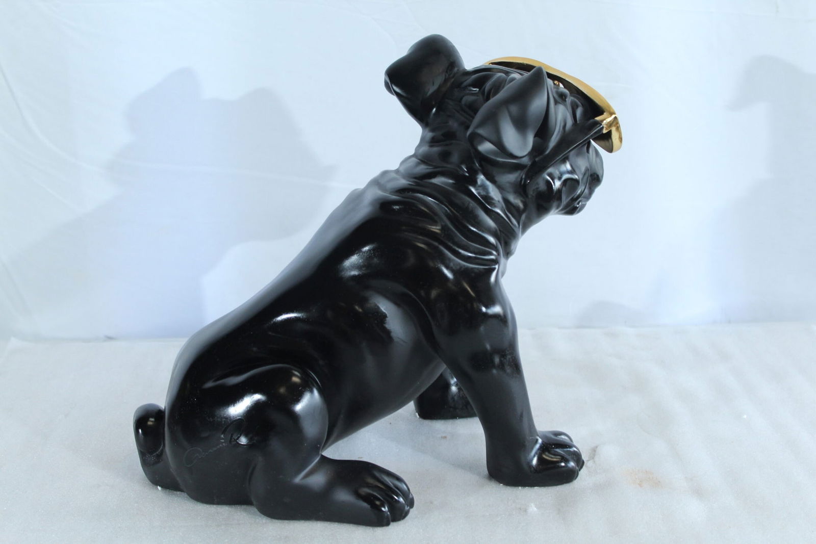 Black Resin Bulldog Statue with Gold Sunglasses - Glossy Modern Dog Figurine, Durable Resin Pop Art - 11