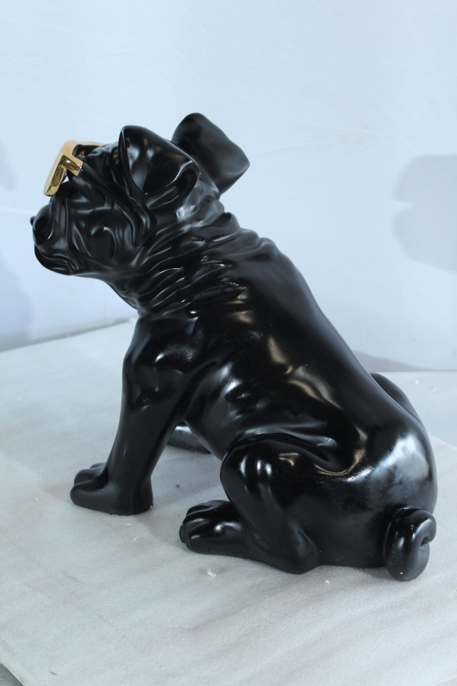 Black Resin Bulldog Statue with Gold Sunglasses - Glossy Modern Dog Figurine, Durable Resin Pop Art - 3