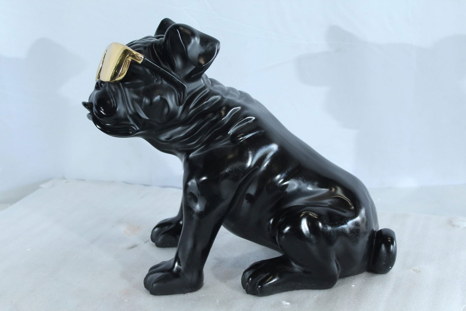 Black Resin Bulldog Statue with Gold Sunglasses - Glossy Modern Dog Figurine, Durable Resin Pop Art - 4