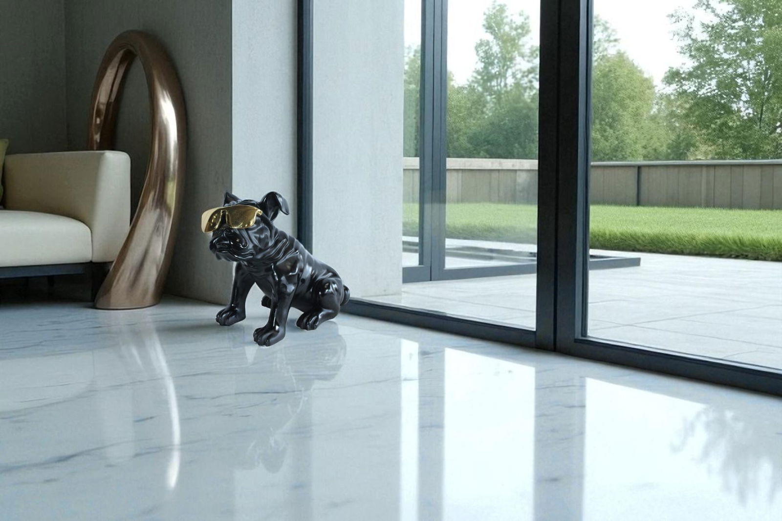 Black Resin Bulldog Statue with Gold Sunglasses - Glossy Modern Dog Figurine, Durable Resin Pop Art - 5