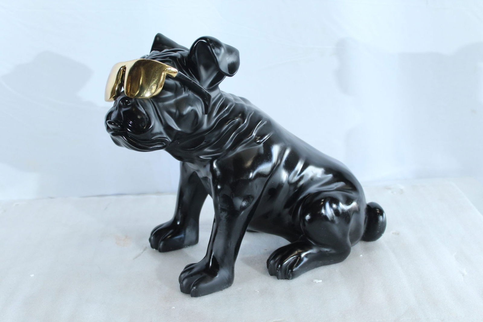 Black Resin Bulldog Statue with Gold Sunglasses - Glossy Modern Dog Figurine, Durable Resin Pop Art - 6