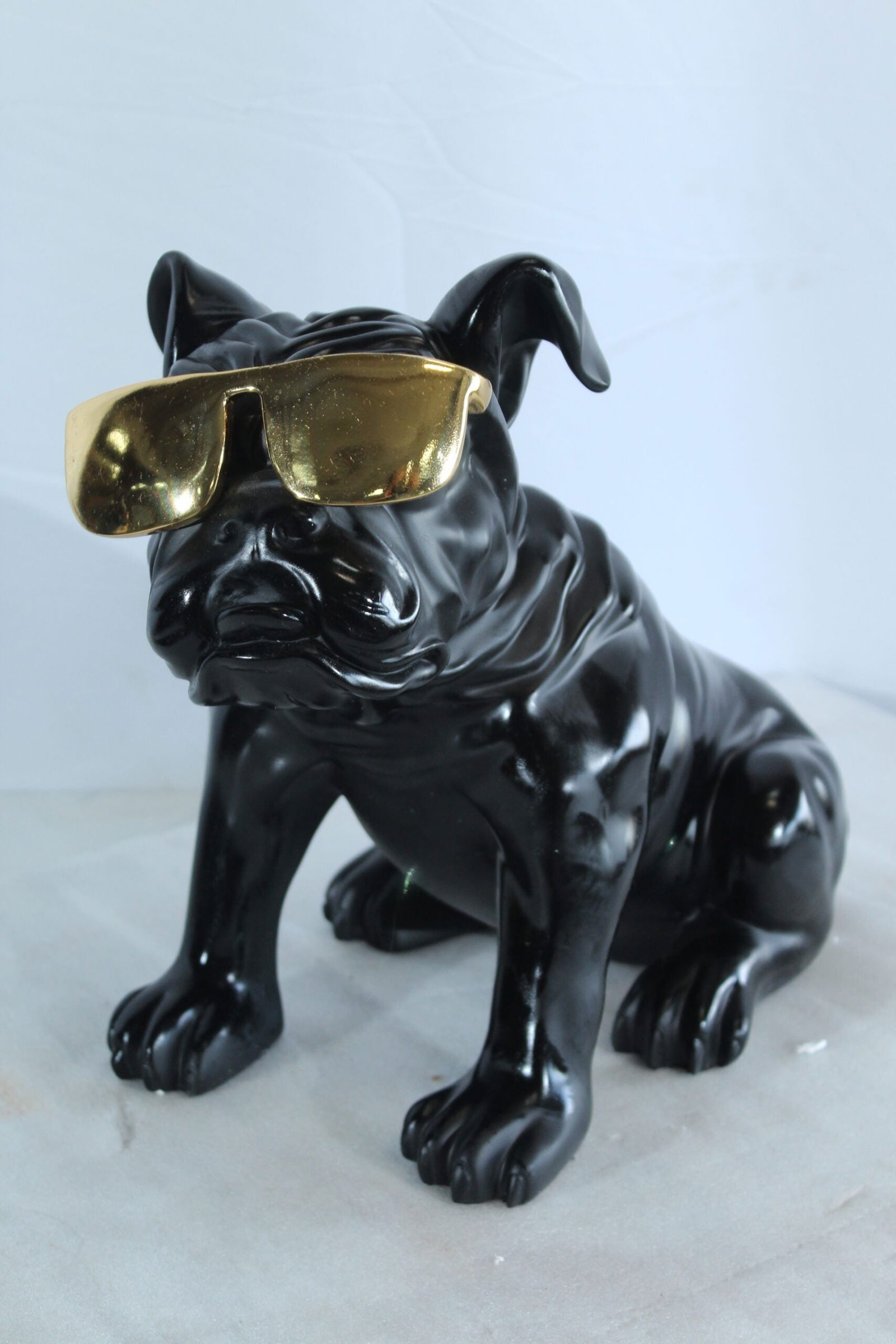 Black Resin Bulldog Statue with Gold Sunglasses - Glossy Modern Dog Figurine, Durable Resin Pop Art - 7