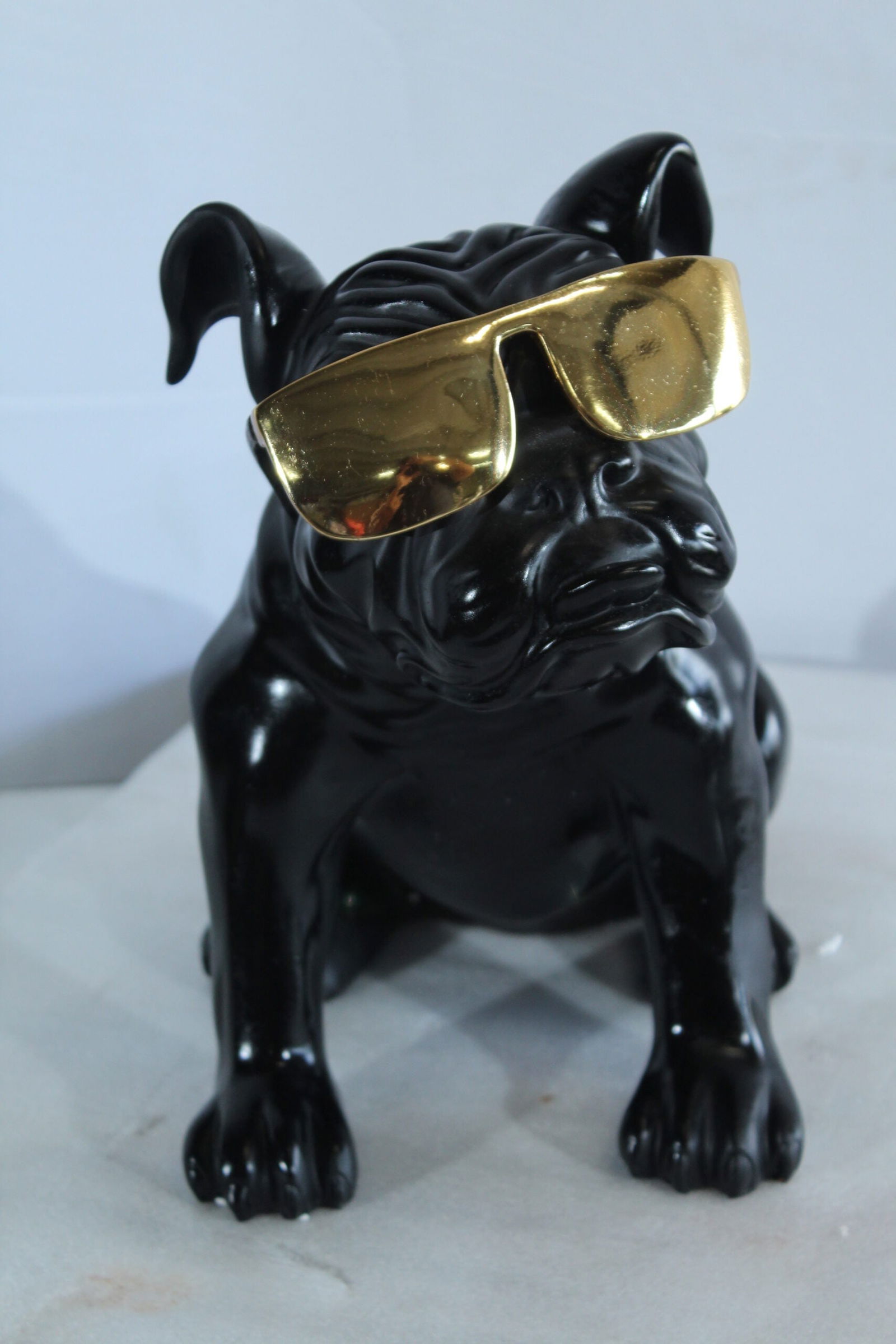 Black Resin Bulldog Statue with Gold Sunglasses - Glossy Modern Dog Figurine, Durable Resin Pop Art - 8