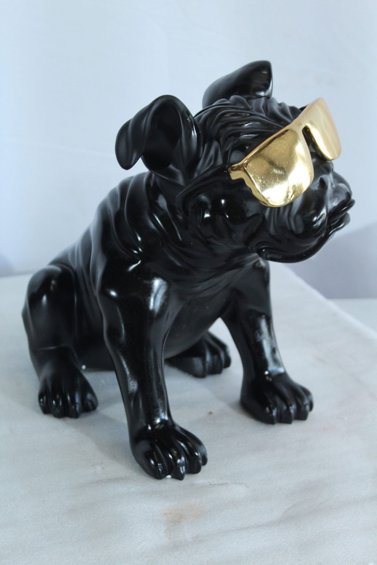 Black Resin Bulldog Statue with Gold Sunglasses - Glossy Modern Dog Figurine, Durable Resin Pop Art - 9