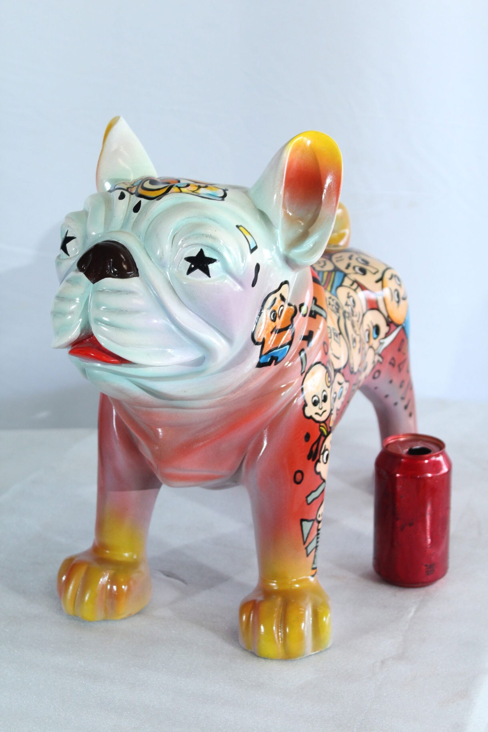 Resin Bulldog Statue - Large Hand-Painted Pop Art Graffiti Dog Figurine with Cartoon Faces & - 10