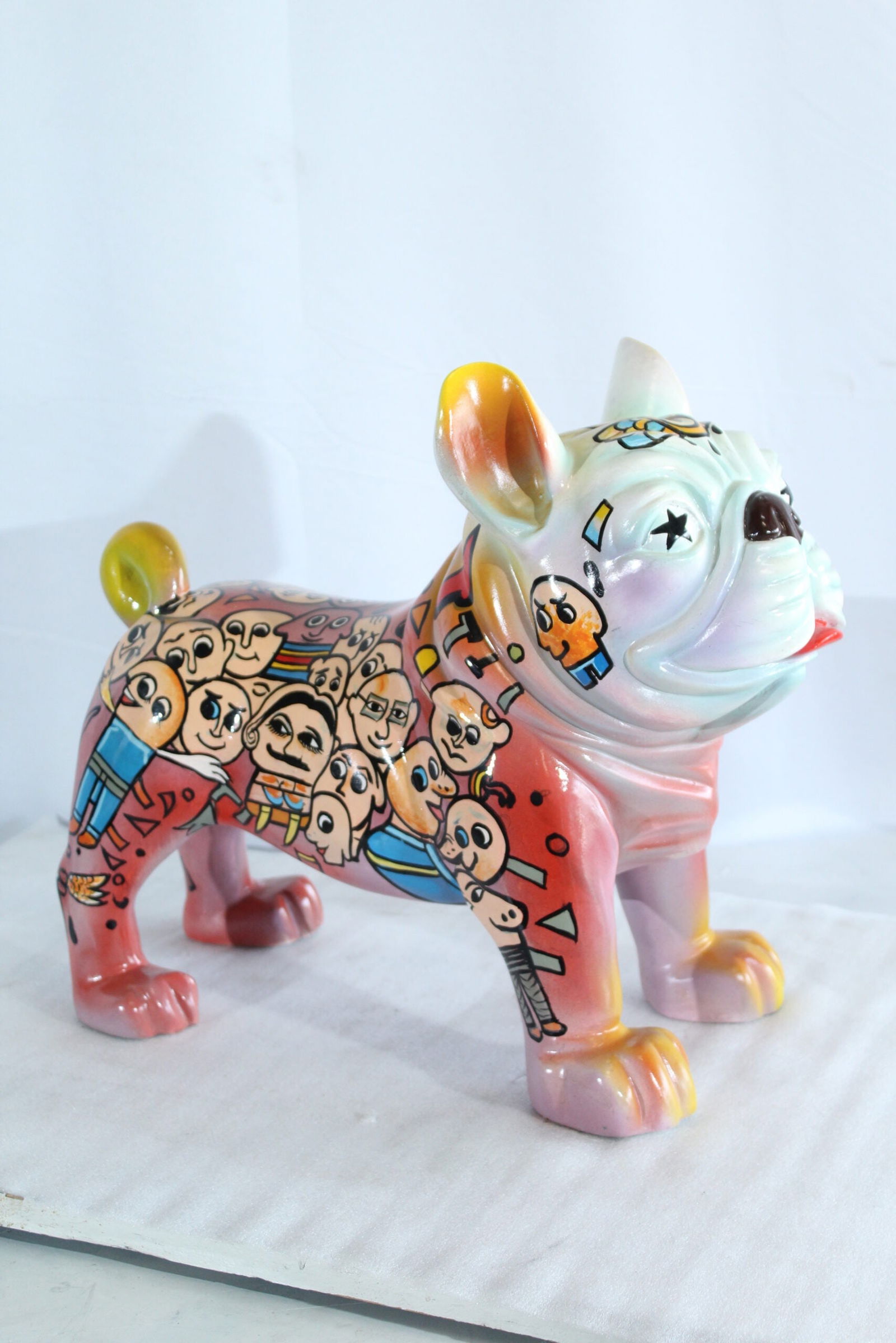 Resin Bulldog Statue - Large Hand-Painted Pop Art Graffiti Dog Figurine with Cartoon Faces & - 2