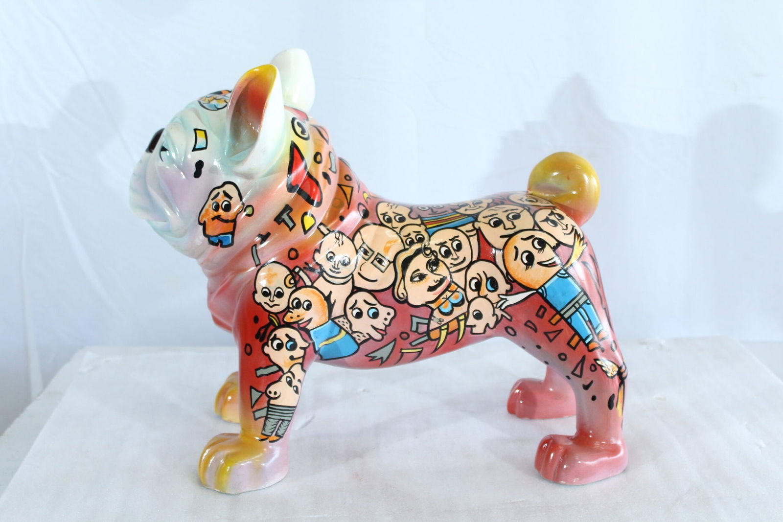 Resin Bulldog Statue - Large Hand-Painted Pop Art Graffiti Dog Figurine with Cartoon Faces & - 6